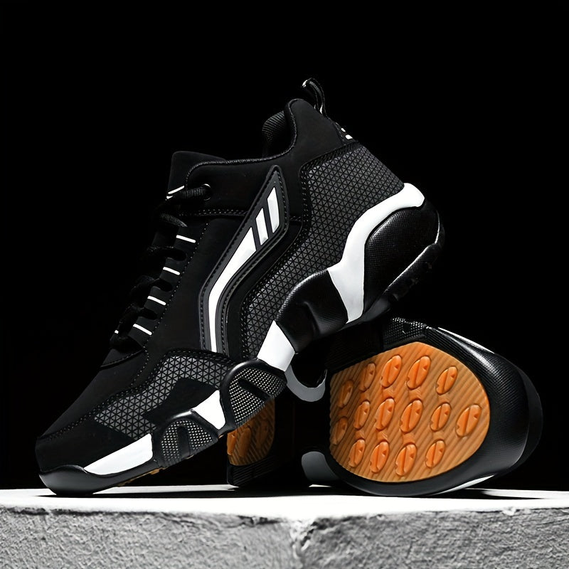 Black high-top sneakers with white accents and brown soles on a black background