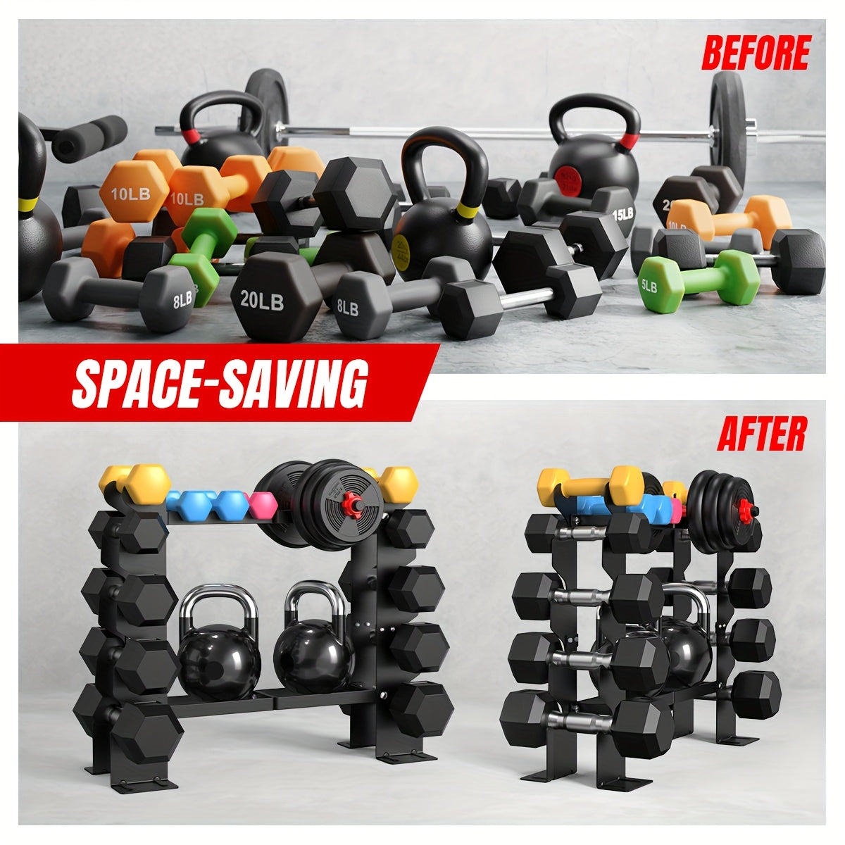 Space-saving gym equipment organizer with dumbbells and kettlebells before and after use.