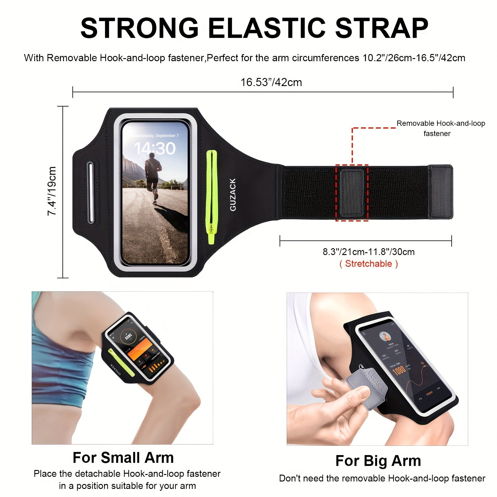 Phone holder for running​ with measurements and usage examples on a white background