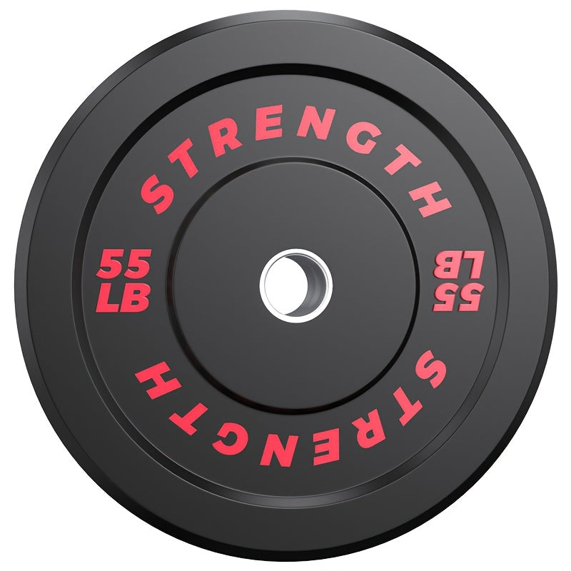 Black weight plate with red text on a white background