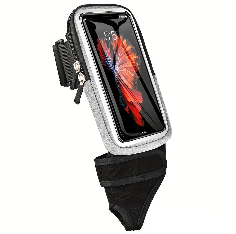 Heather grey phone holder for running with a smartphone displaying a butterfly image on a white background.