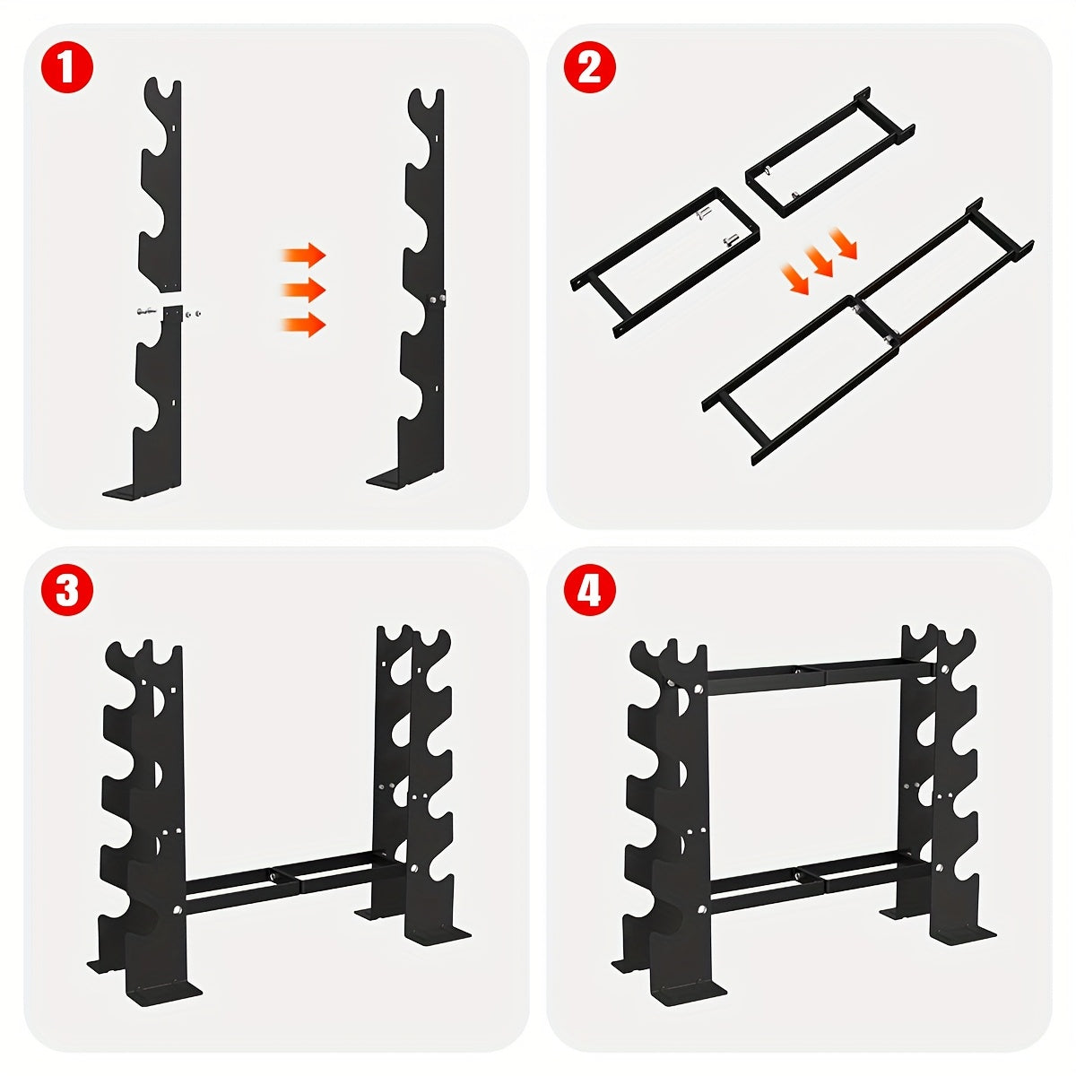 Step-by-step assembly instructions for a metal rack structure.