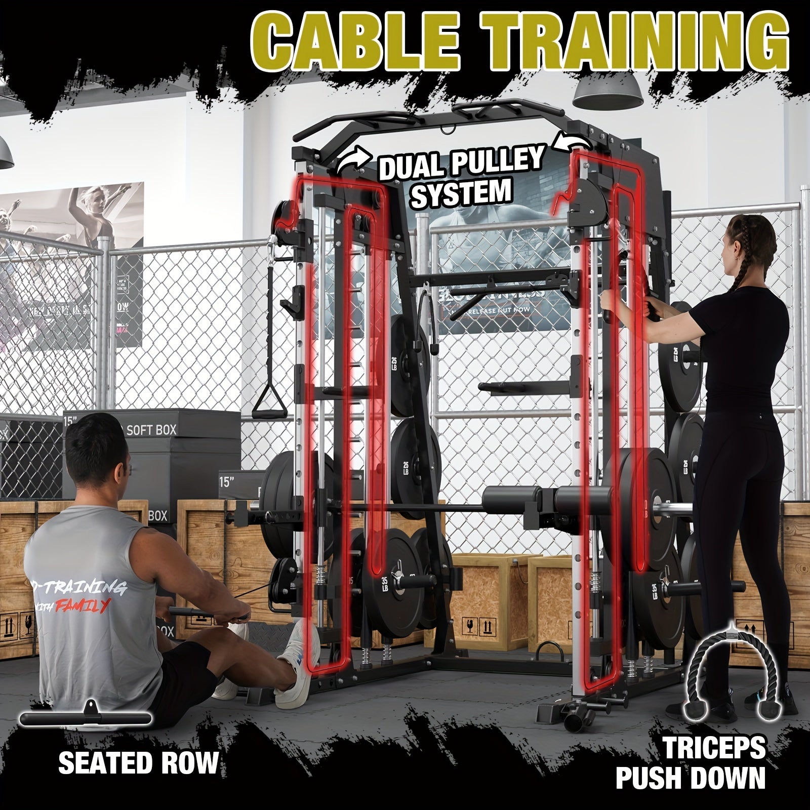 Gym cable training machine with dual pulley system, showing seated row and triceps push down exercises.