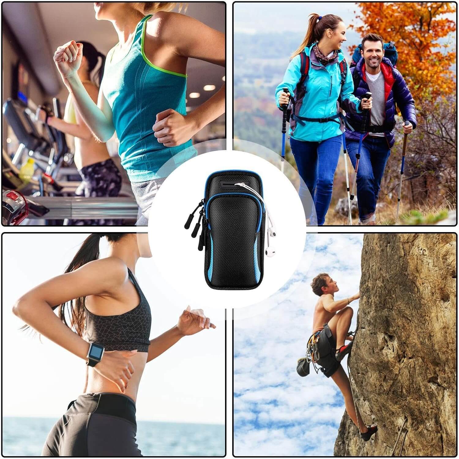 Collage of people exercising, hiking, and climbing with a focus on a black arm phone holder for running.