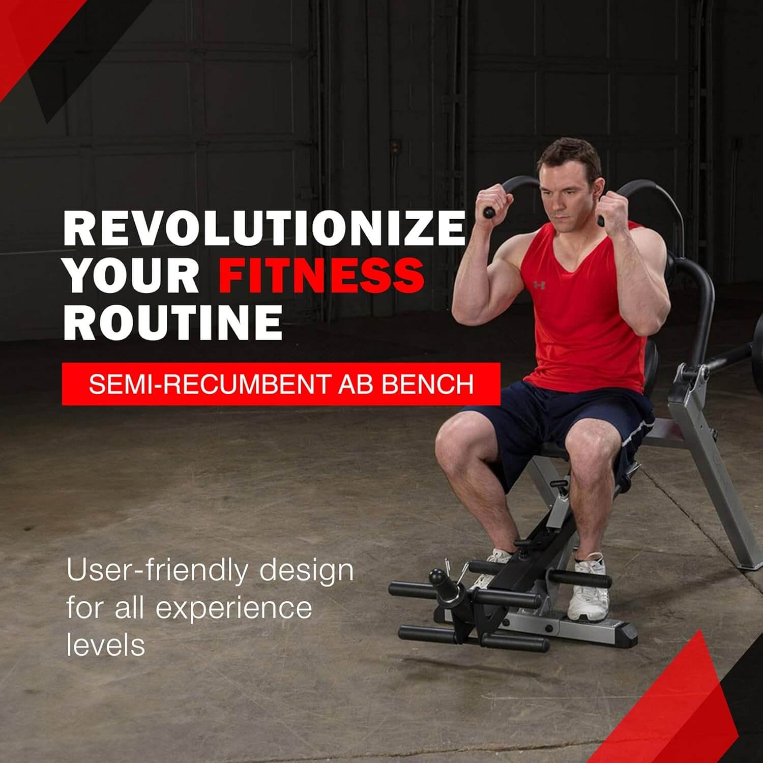 Man using a semi-recumbent ab bench 