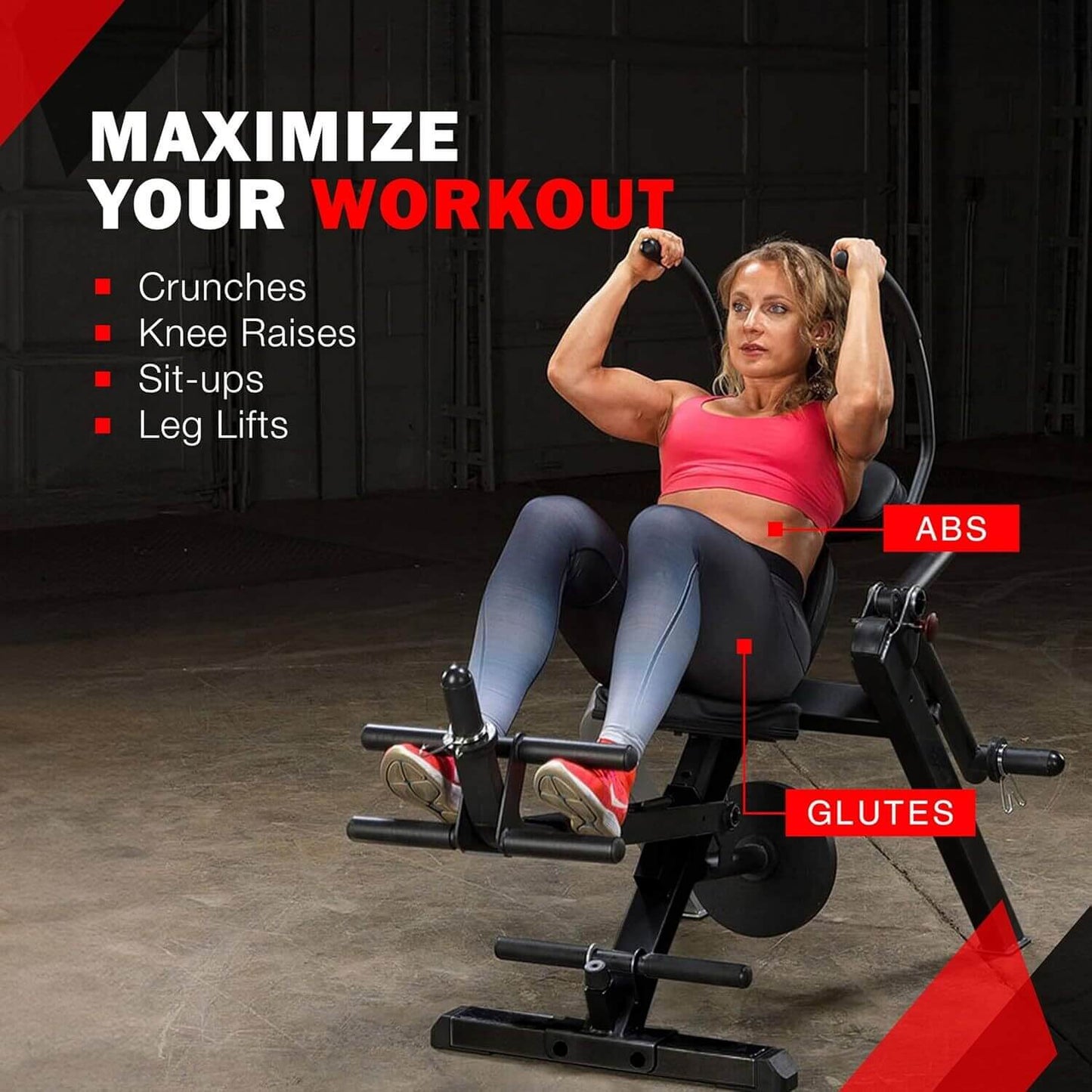 Woman exercising on a semi-recumbent ab bench in a garage setting