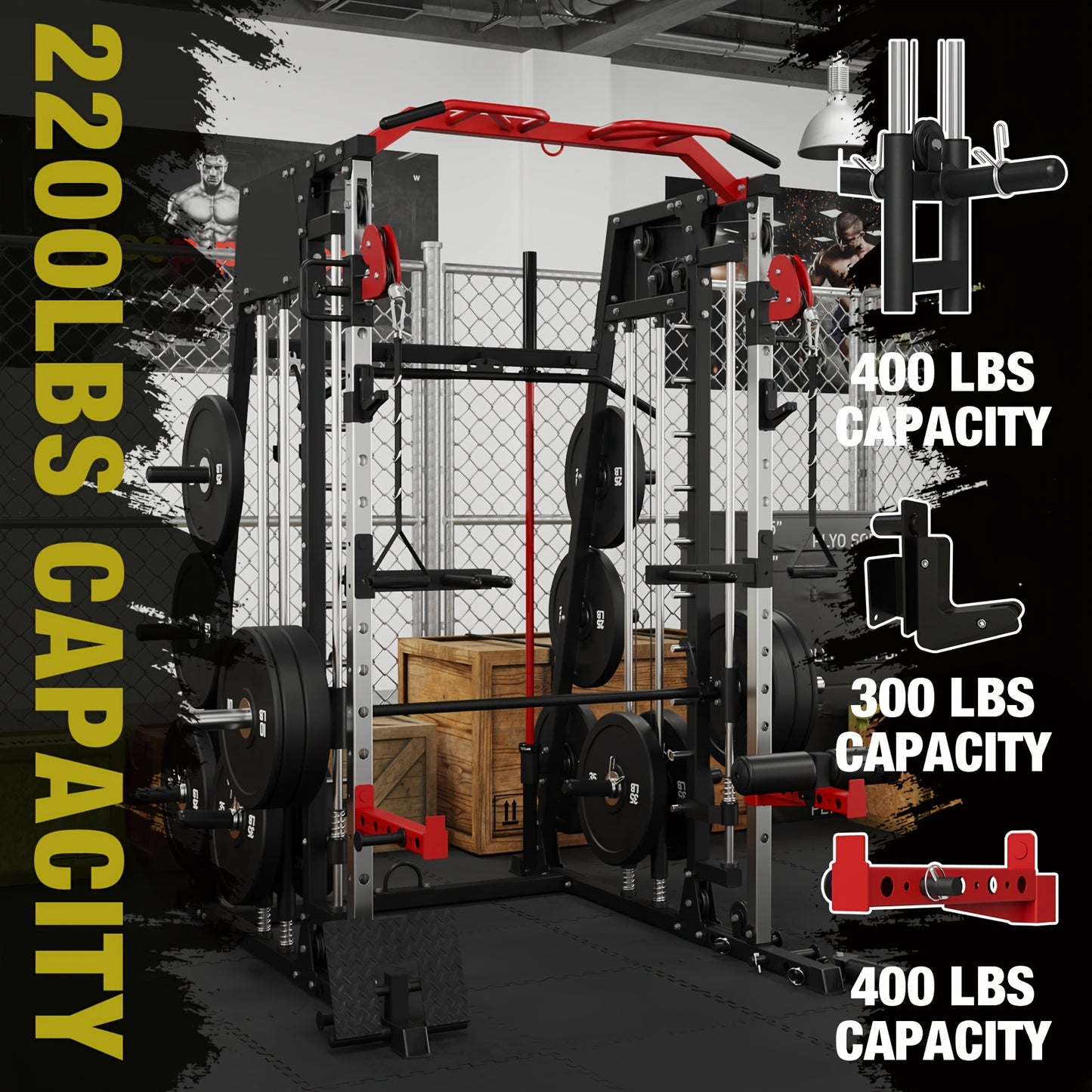 Smith machine with capacity details in a gym setting