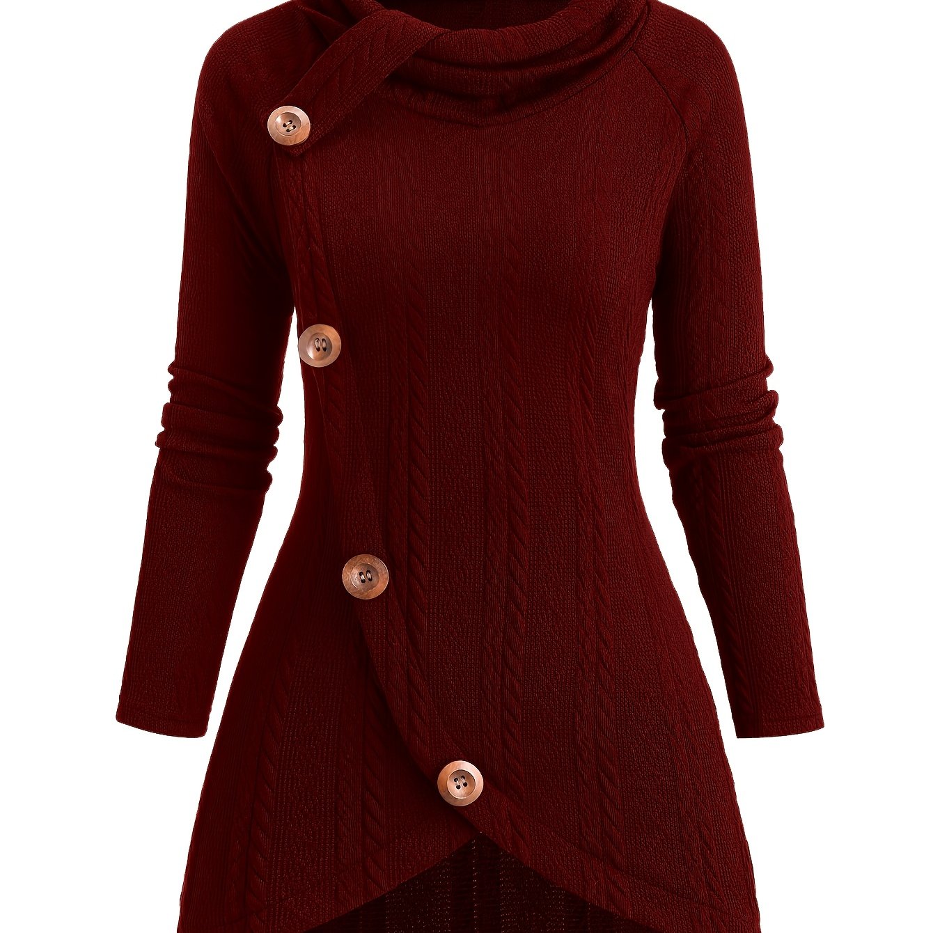 The front view of a red women's cable knit cardigan sold by 100 spartans
