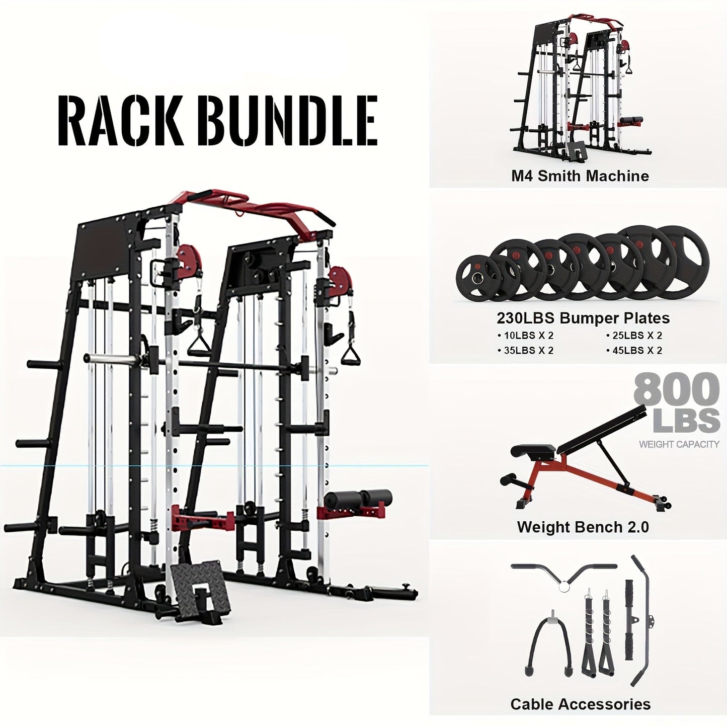 Power rack bundle with M4 Smith Machine, weight bench, bumper plates, and cable accessories on a white background.