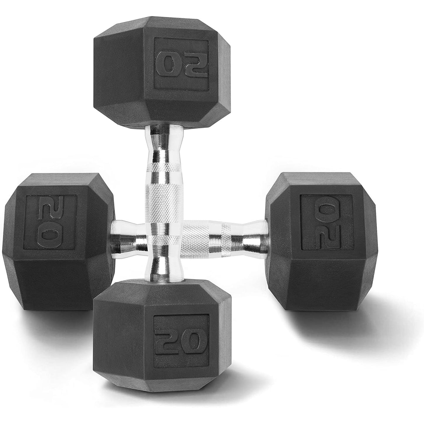 Pair of black hexagonal dumbbells with '20' marking on a white background