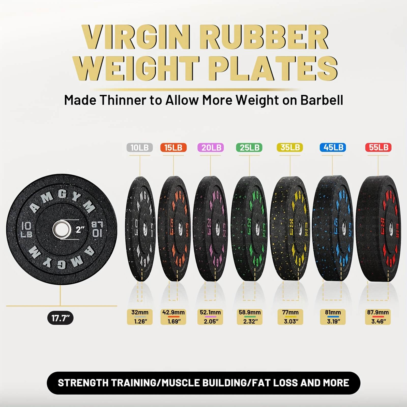 Set of Virgin Rubber Weight Plates with size labels on a white background