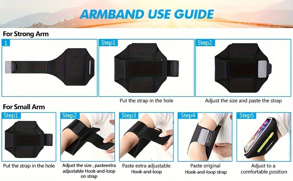 Phone holder for running​ use guide with step-by-step instructions on how to wear an armband.