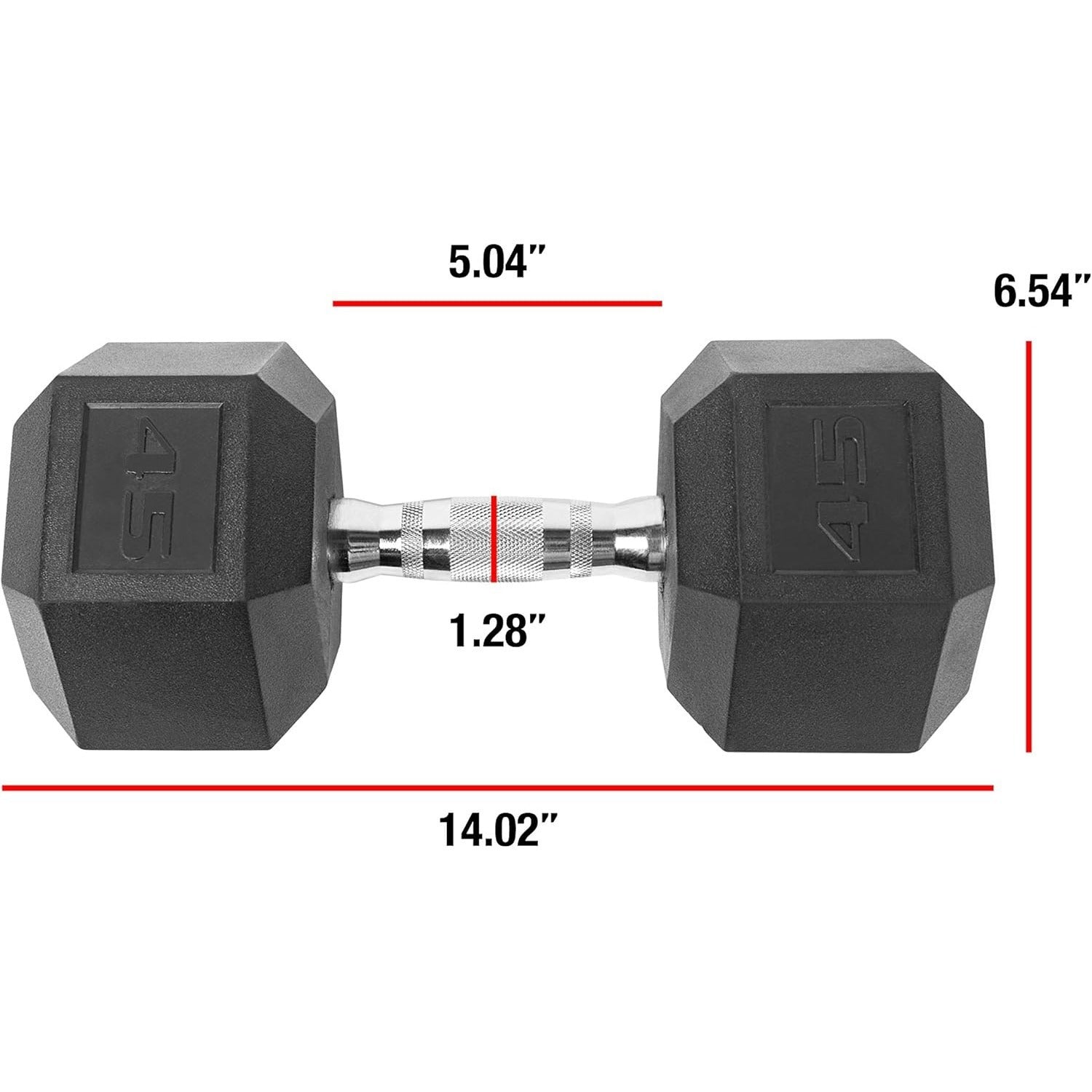Hexagonal dumbbell with measurement details on a white background