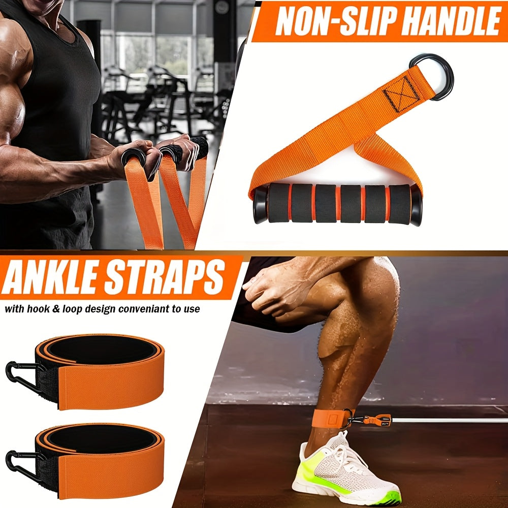 Orange ankle straps with non-slip handles used for exercise in a gym setting.