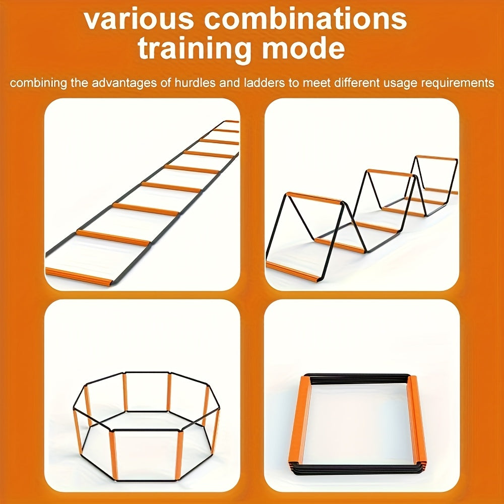 Product display with various training modes combining hurdles and ladders on an orange background.