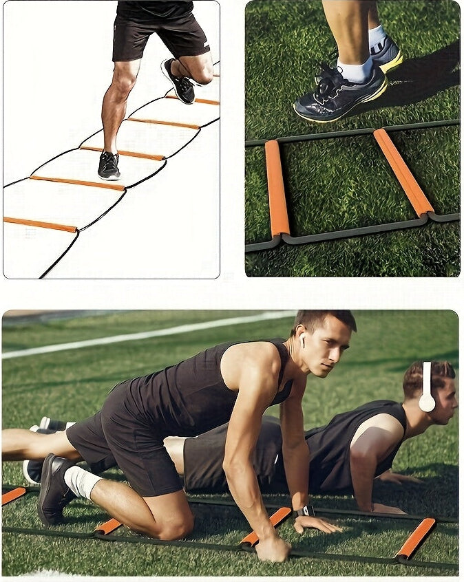 Orange agility ladder and equipment used in various sports and training activities on grass.