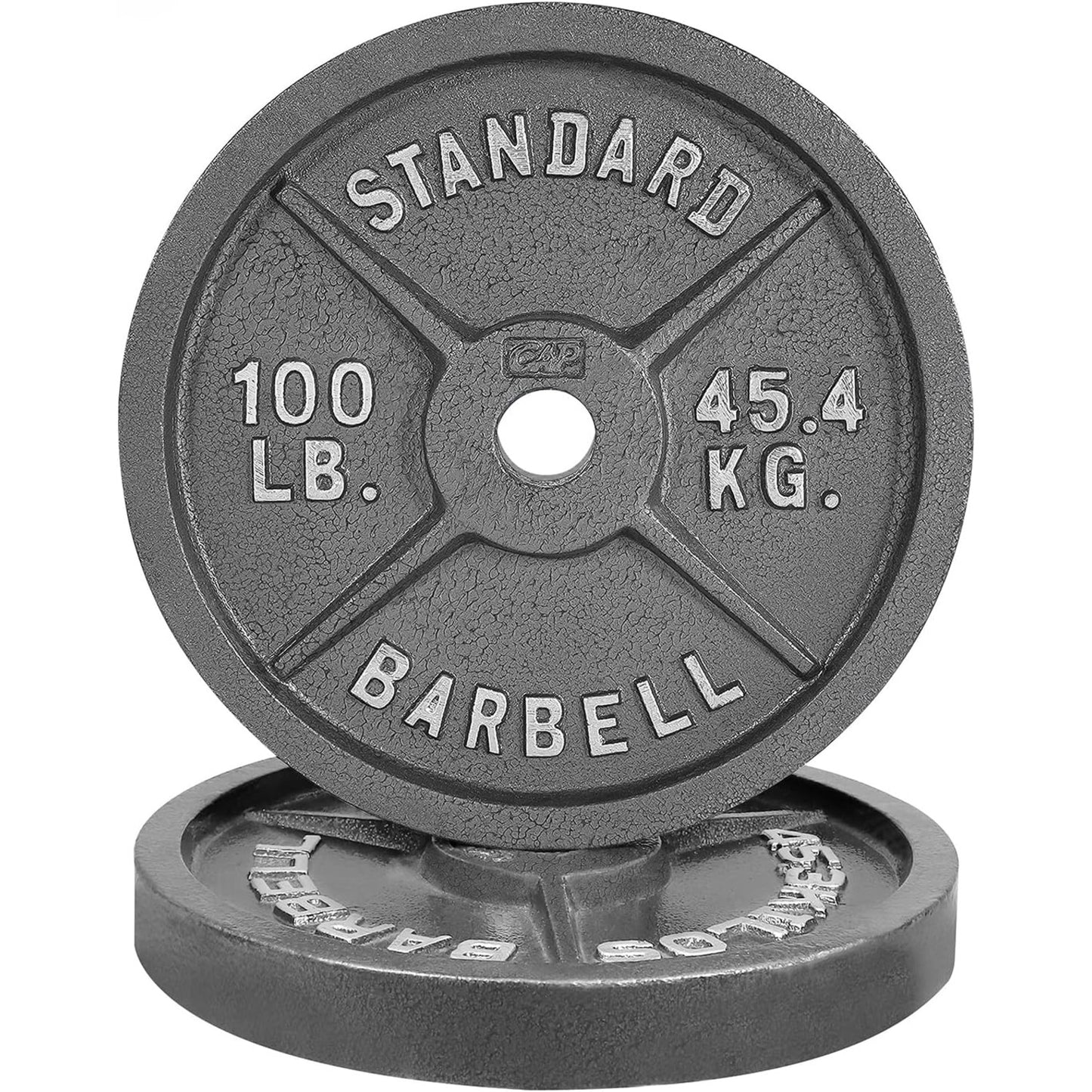 Pair of weight plates with 'Standard Barbell' branding on a white background