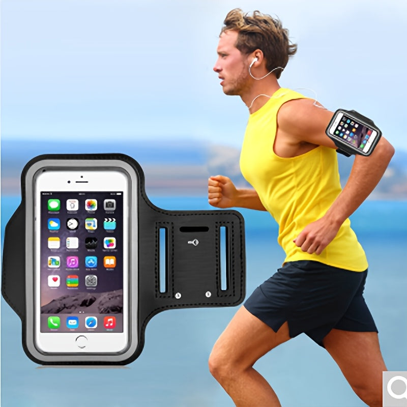 Man running with phone holder for running​ and arm sleeve against a blue sky background