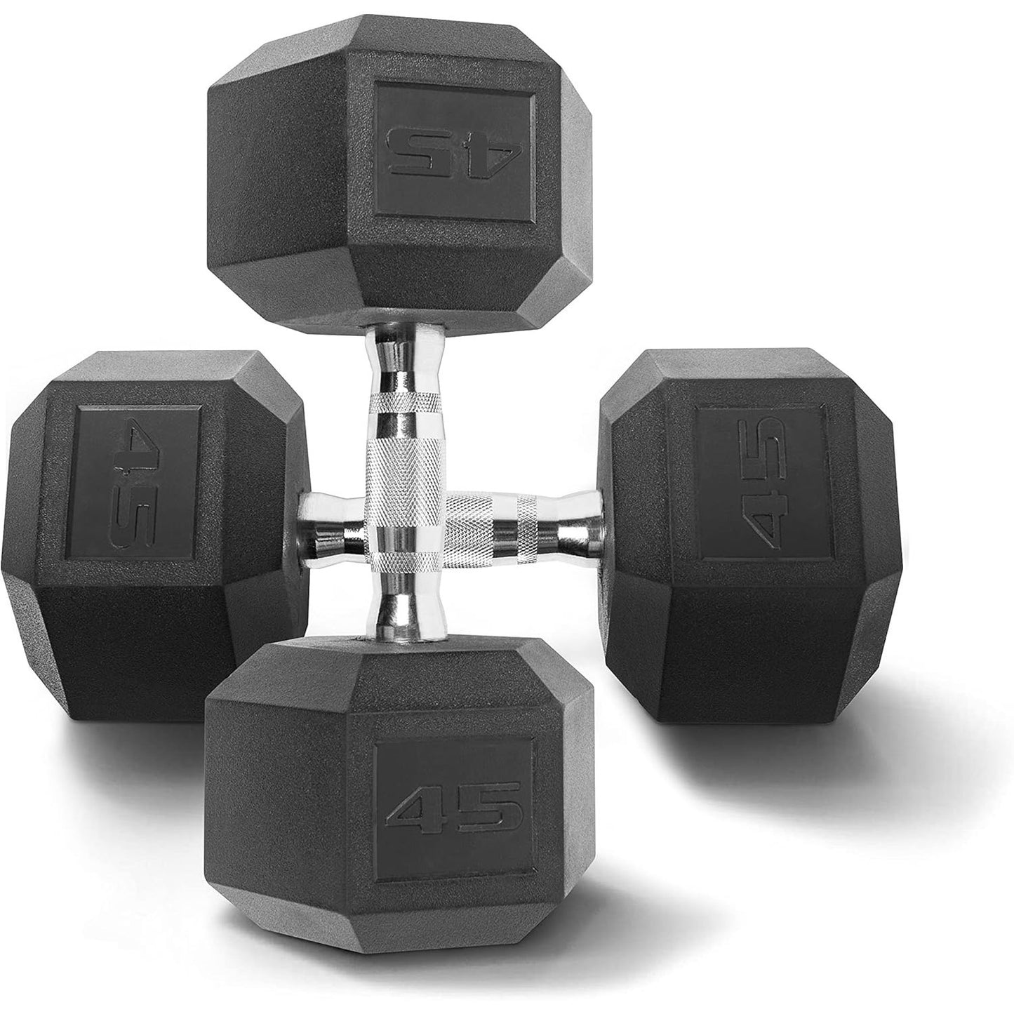 Pair of black hexagonal dumbbells on a white background