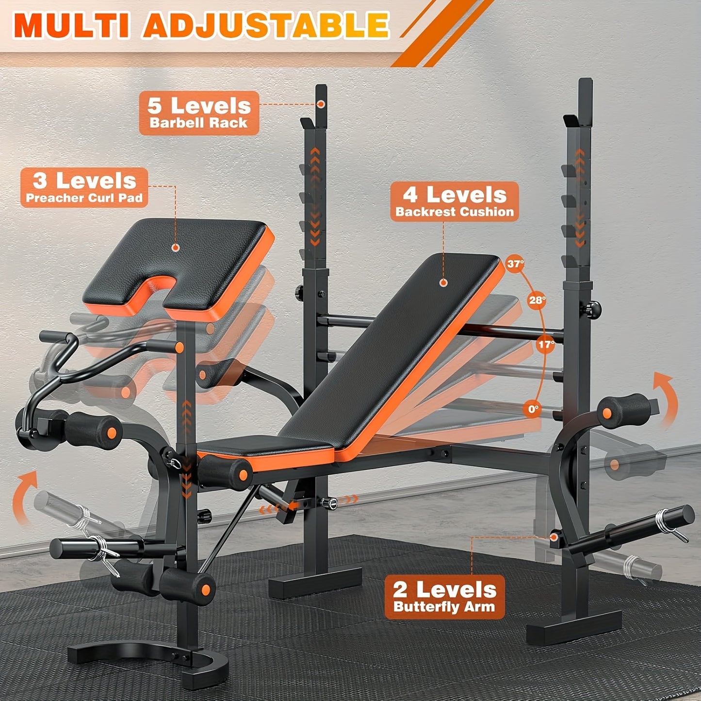 Multifunctional adjustablegym bench with adjustable components on a gray background