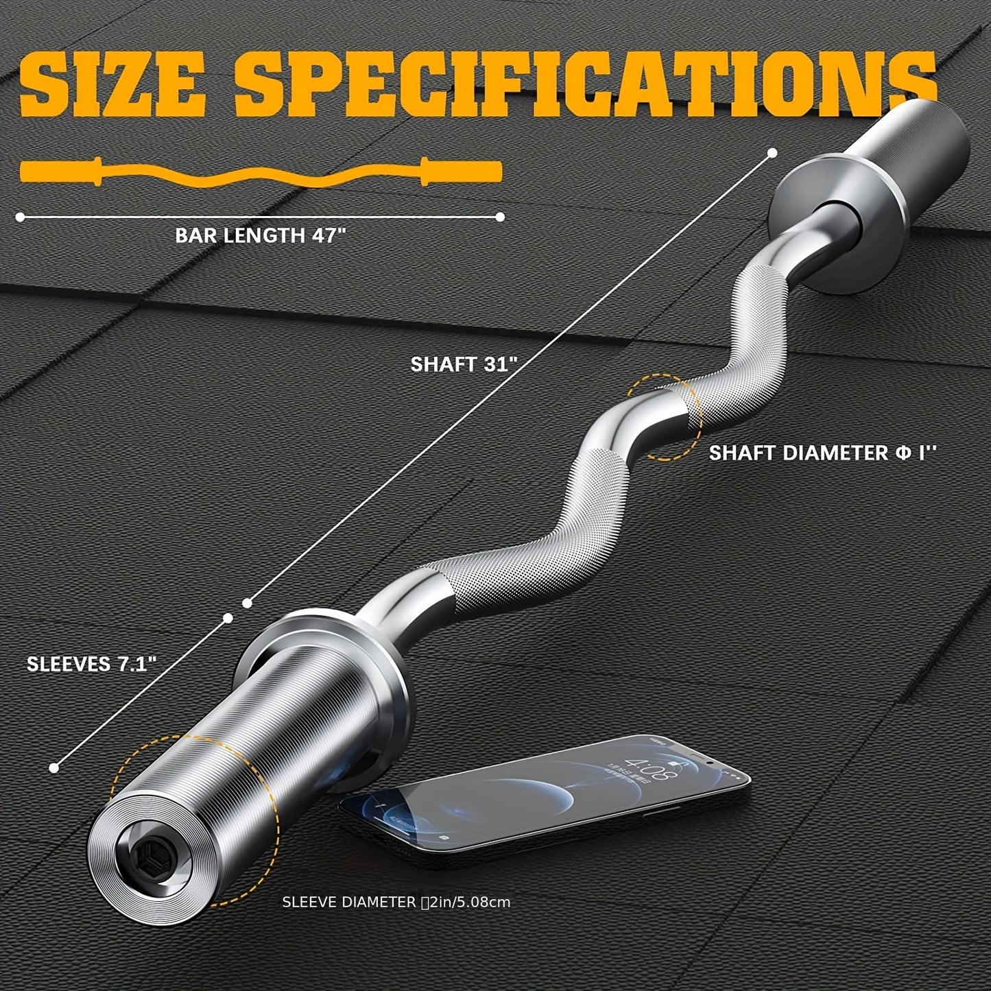 Curved barbell with size specifications on a black background