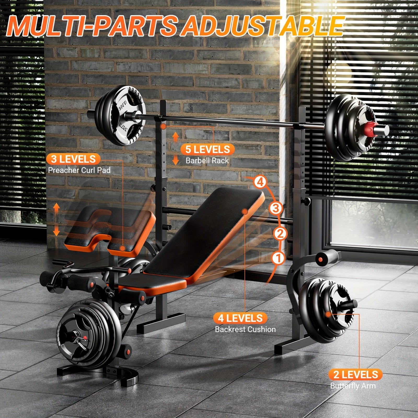Multifunctional adjustable weight bench with adjustable parts in a gym setting