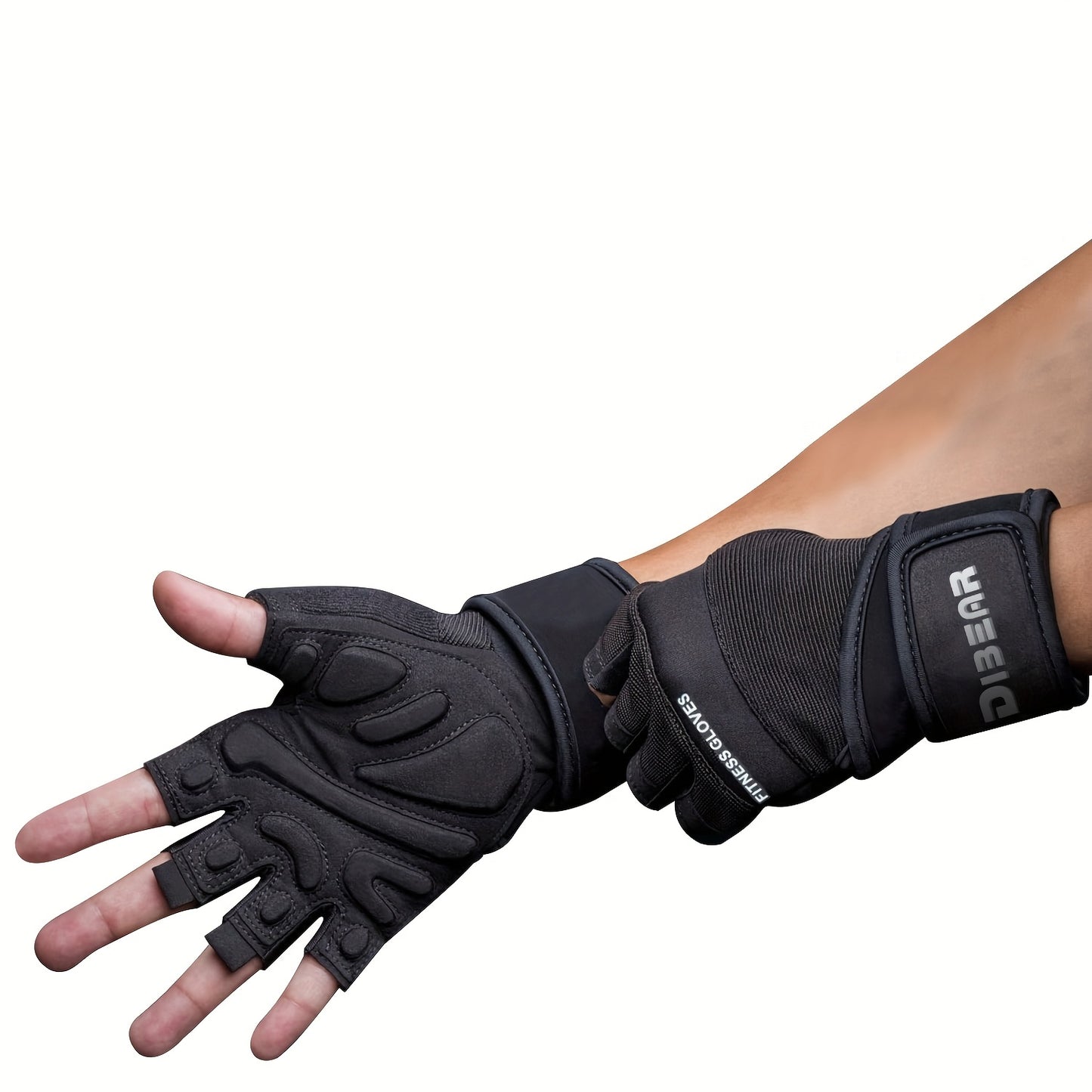 Black half-finger workout gloves worn on a hand with a white background