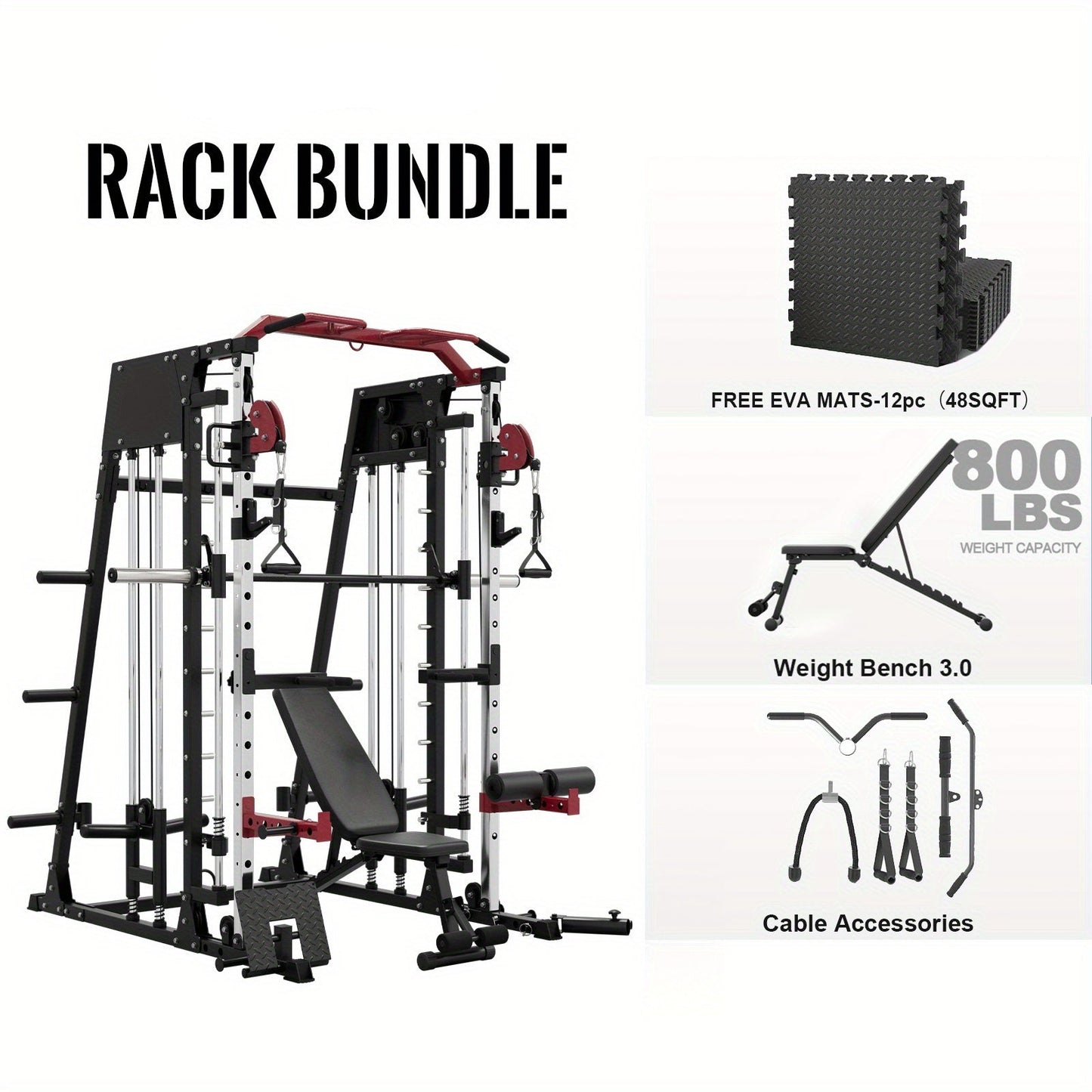 Smith machine bundle with weight bench, cable accessories, and free EVA mats on a white background.