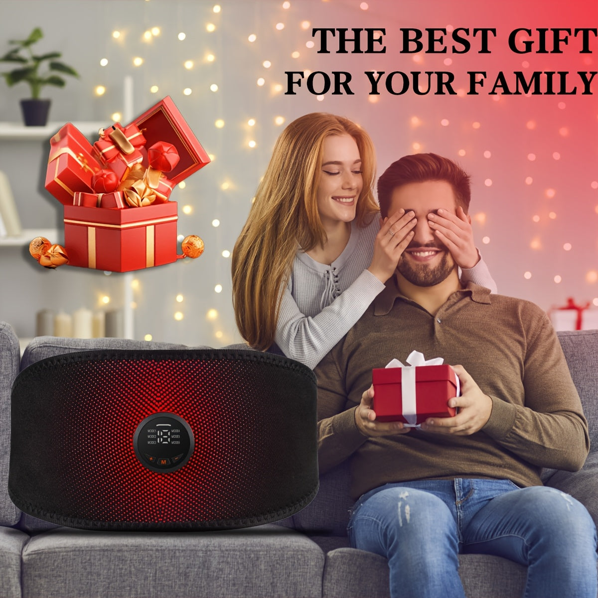Couple on a couch with a gift and a belly fat burner belt, surrounded by festive decorations.