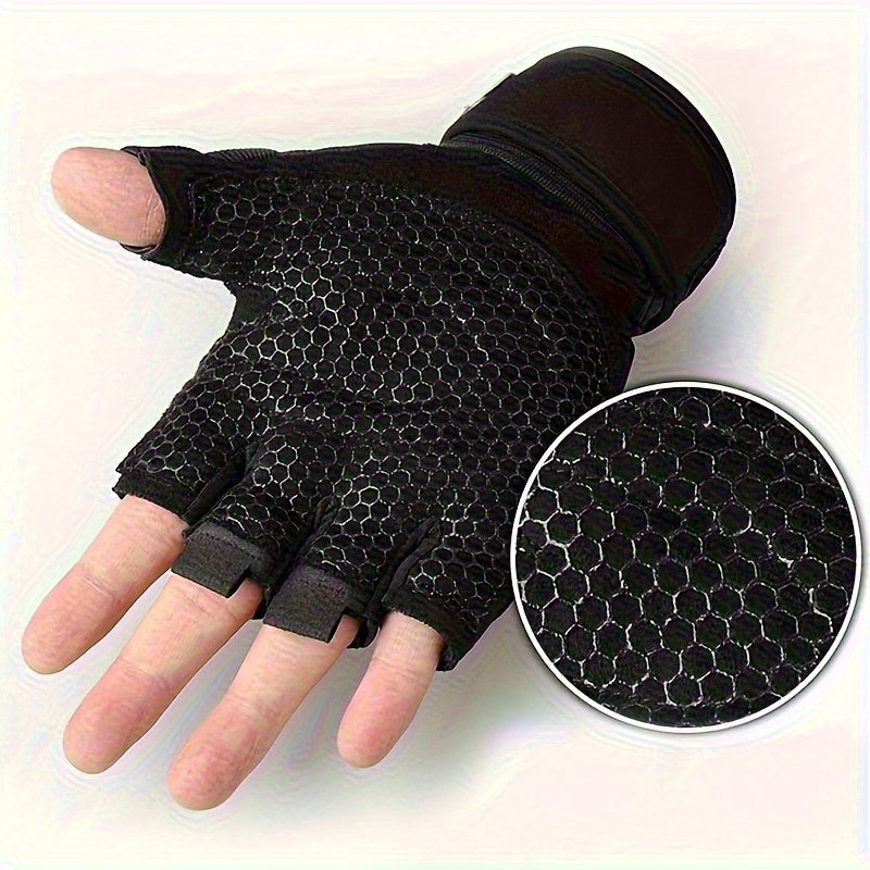 Black padded workout gloves with honeycomb patterned on a white background