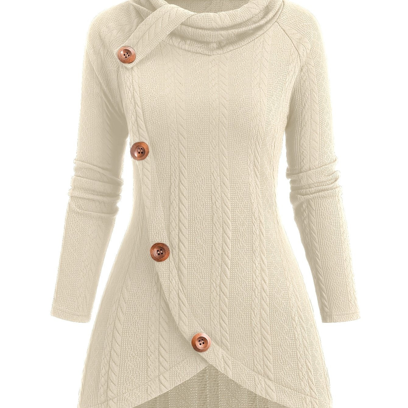 The front view of a beige women's cable knit cardigan sold by 100 spartans