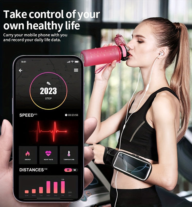 Woman drinking from a pink water bottle with a smartphone in a phone holder for running.