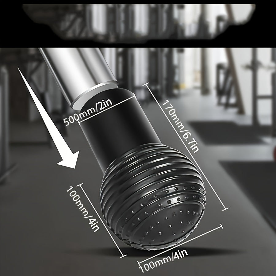 A Black Landmine Attachment for Barbell with measurements on a blurred gym background