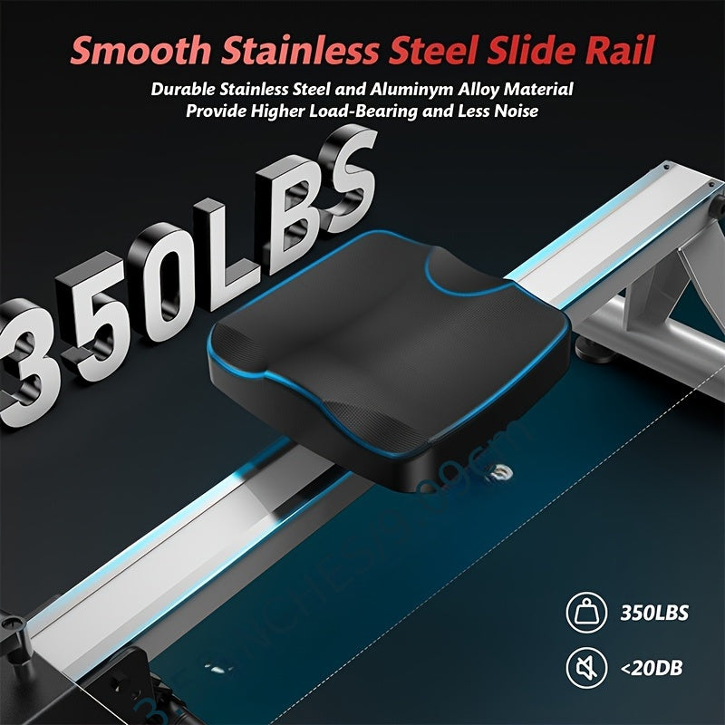 Smooth stainless steel slide rail with a black seat of a magnetic rowing machine on a dark background, highlighting its capacity and features.