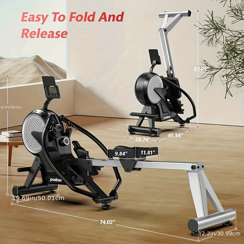 Magnetic rowing machine with folding mechanism on a wooden floor.