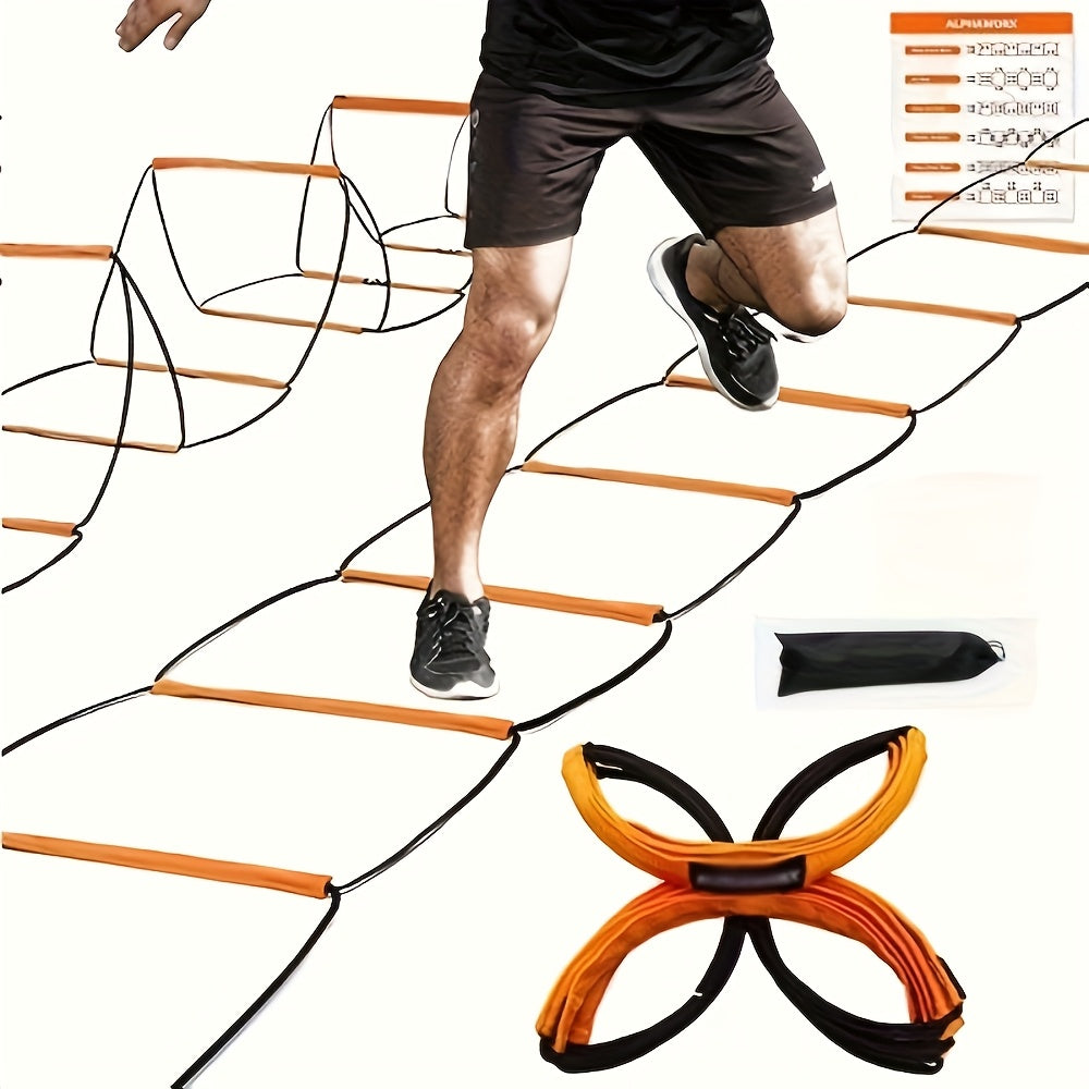 Person using an agility ladder with additional components on a white background