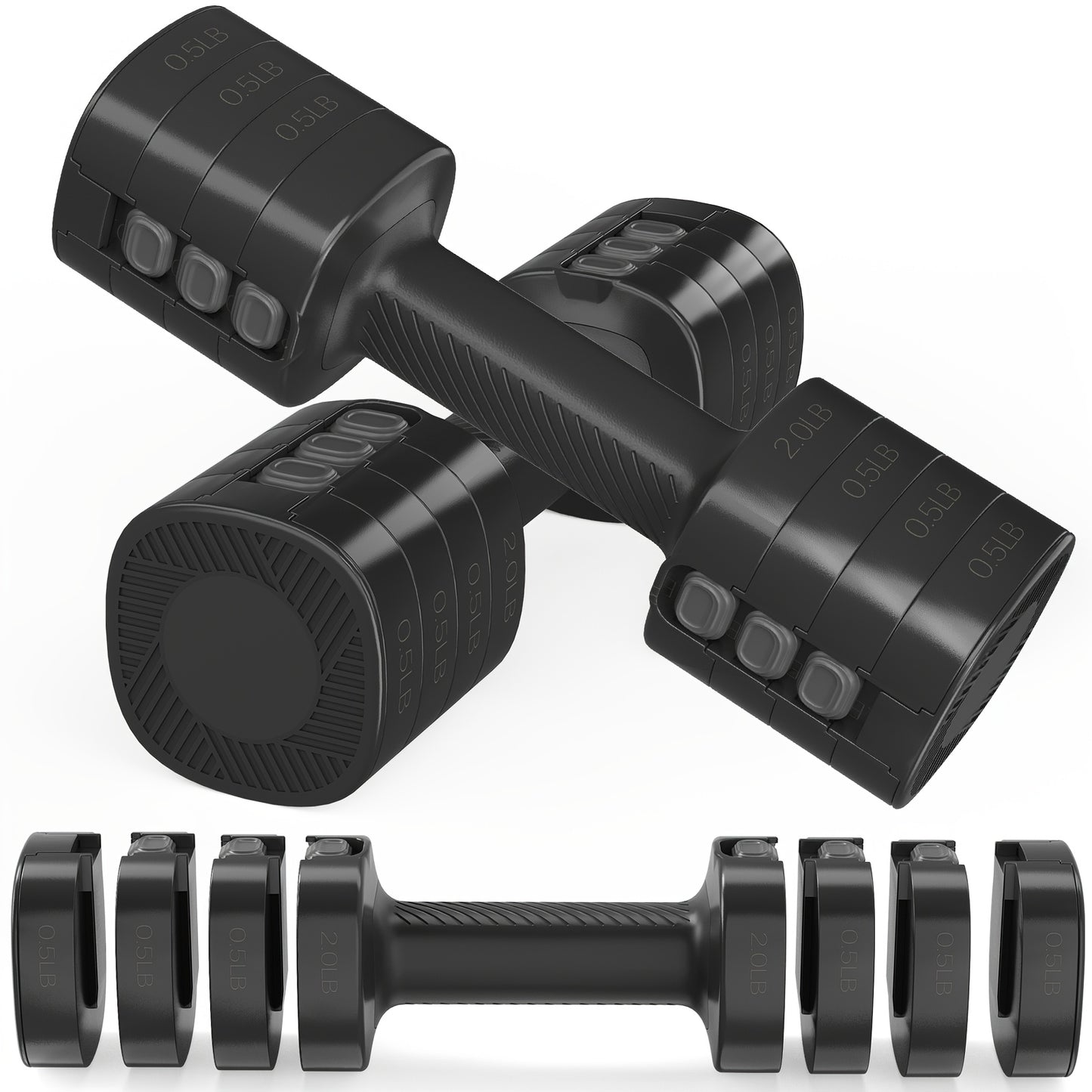 Pair of adjustable dumbbells with weight markers on a white background