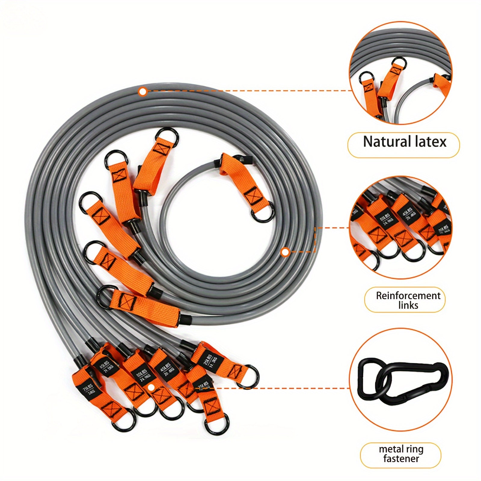 Gray cable with orange straps and metal rings on a white background