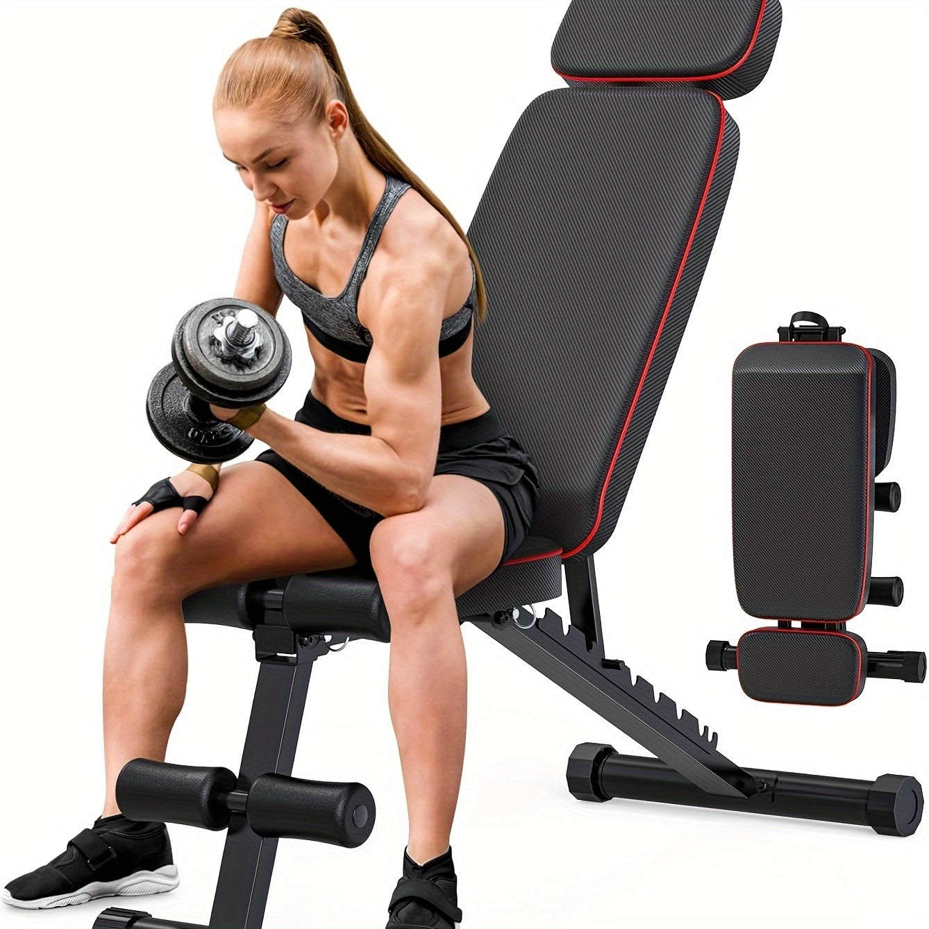 Woman exercising with a weight bench and dumbbells on a white background