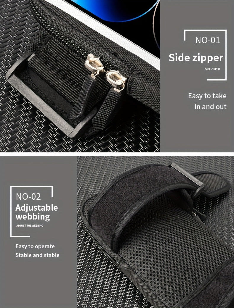 Product details of a black phone holder for running and adjustable webbing on a gray background.