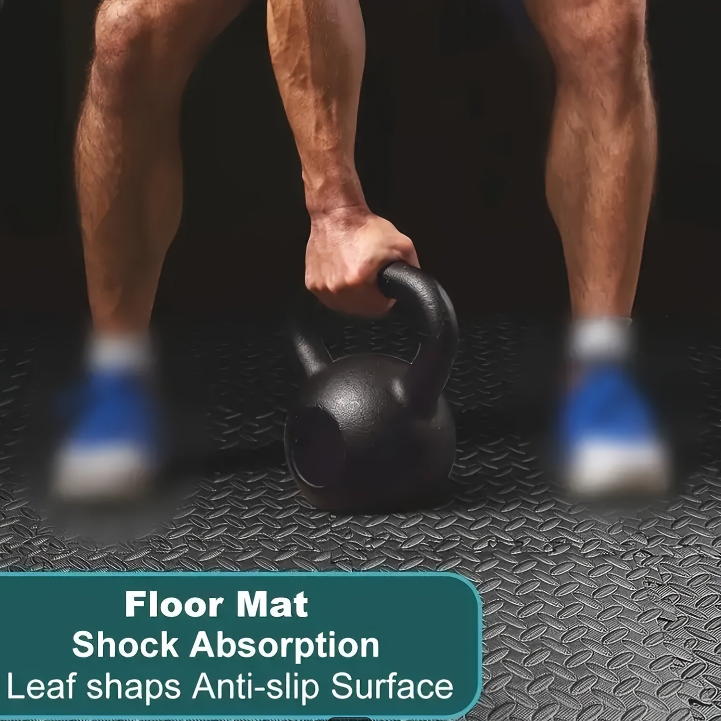 Person lifting a kettlebell on a textured floor mat with text about its features.
