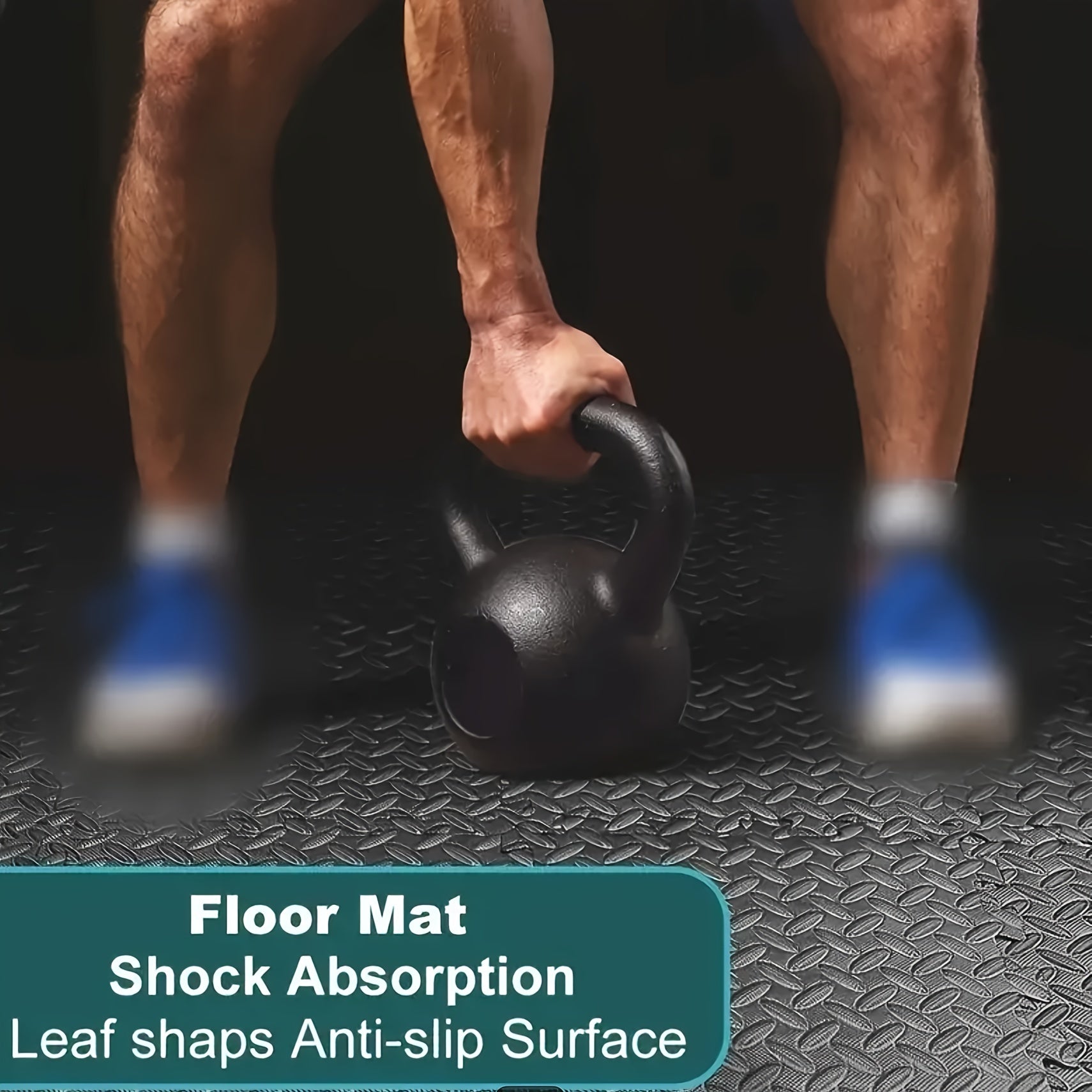 Person lifting a kettlebell on a textured floor mat with text about its features.