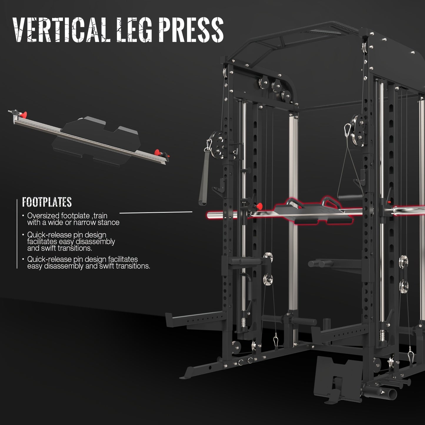 A home gym smith machine with a vertical leg press machine with footplates on a black background