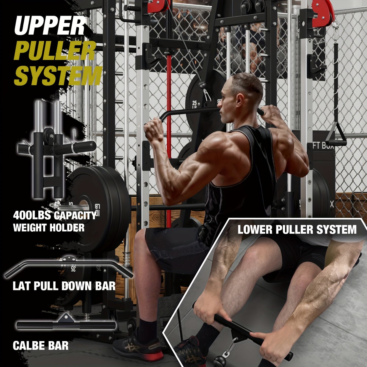 Person using a smith machine sold by 100 Spartans