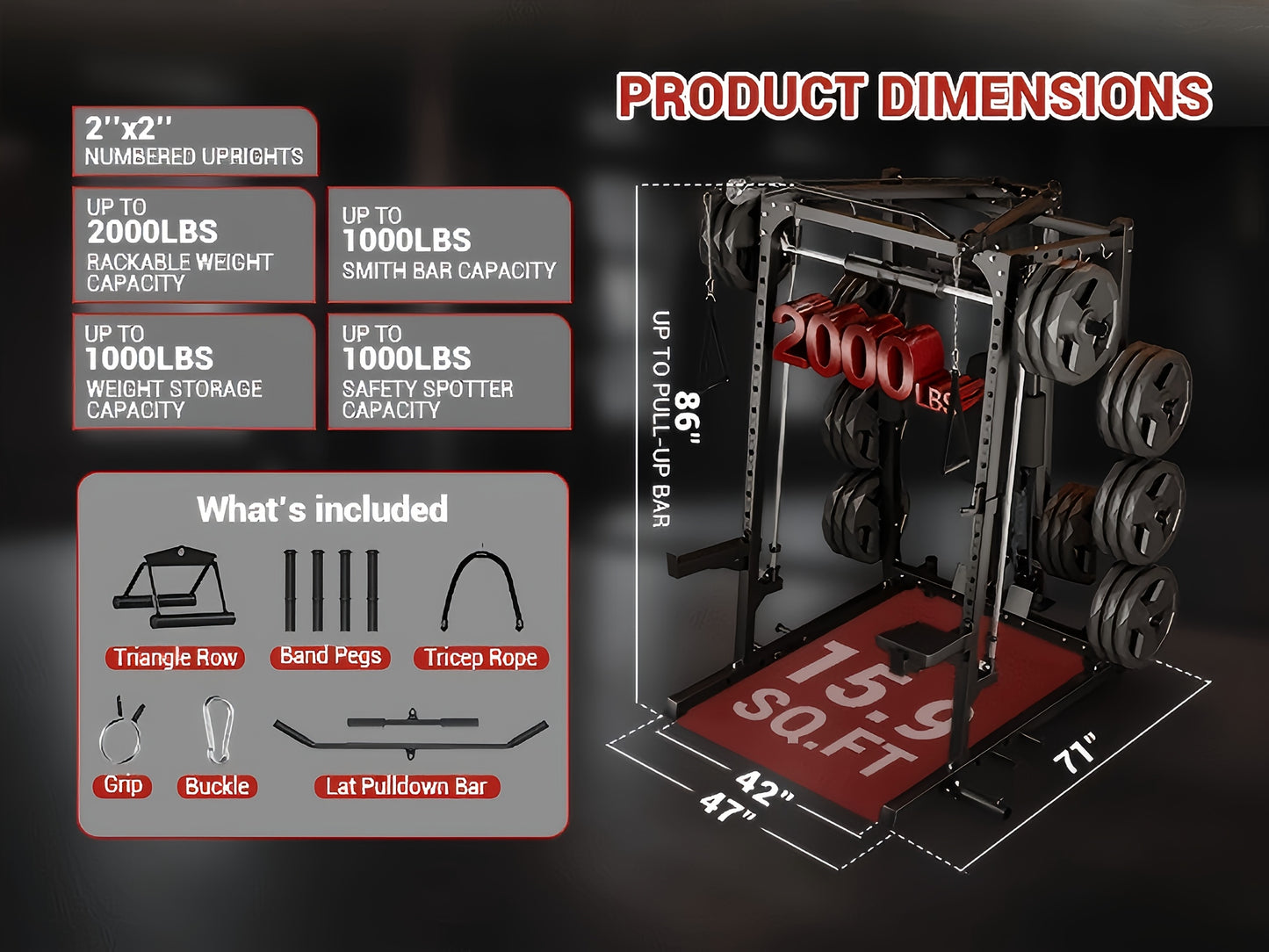 Smith machine with dimensions and included components on a dark background