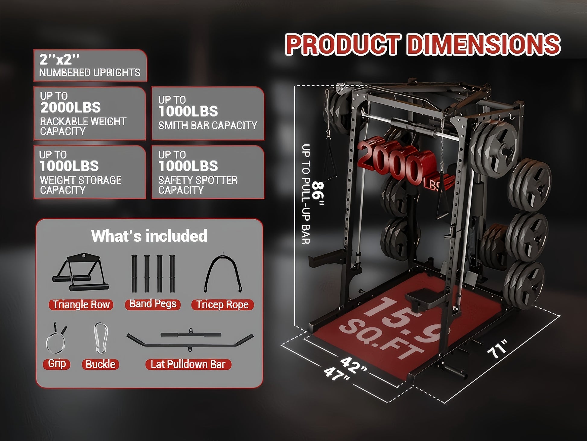 Smith machine with dimensions and included components on a dark background