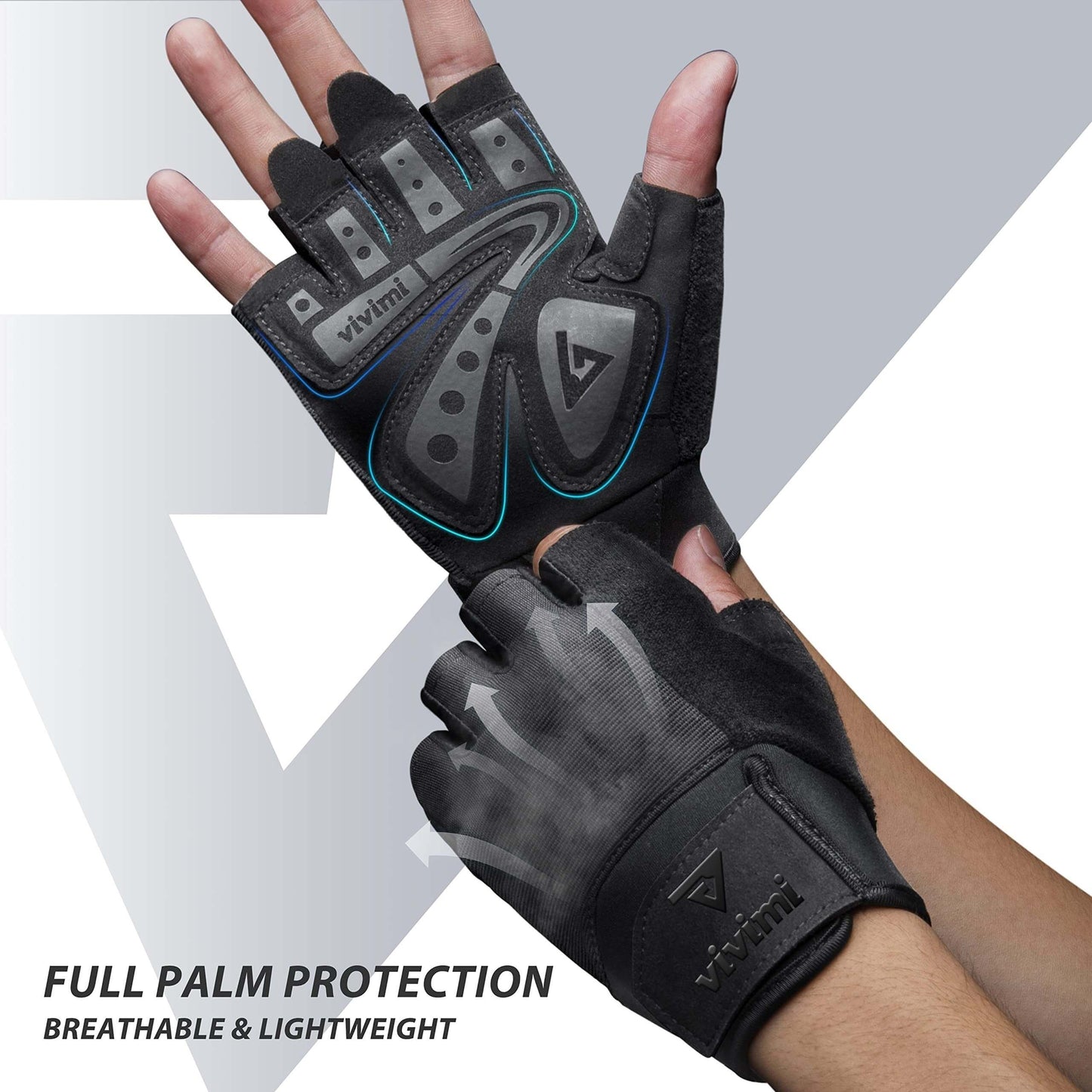 Black workout training gloves with full palm protection on a gray background