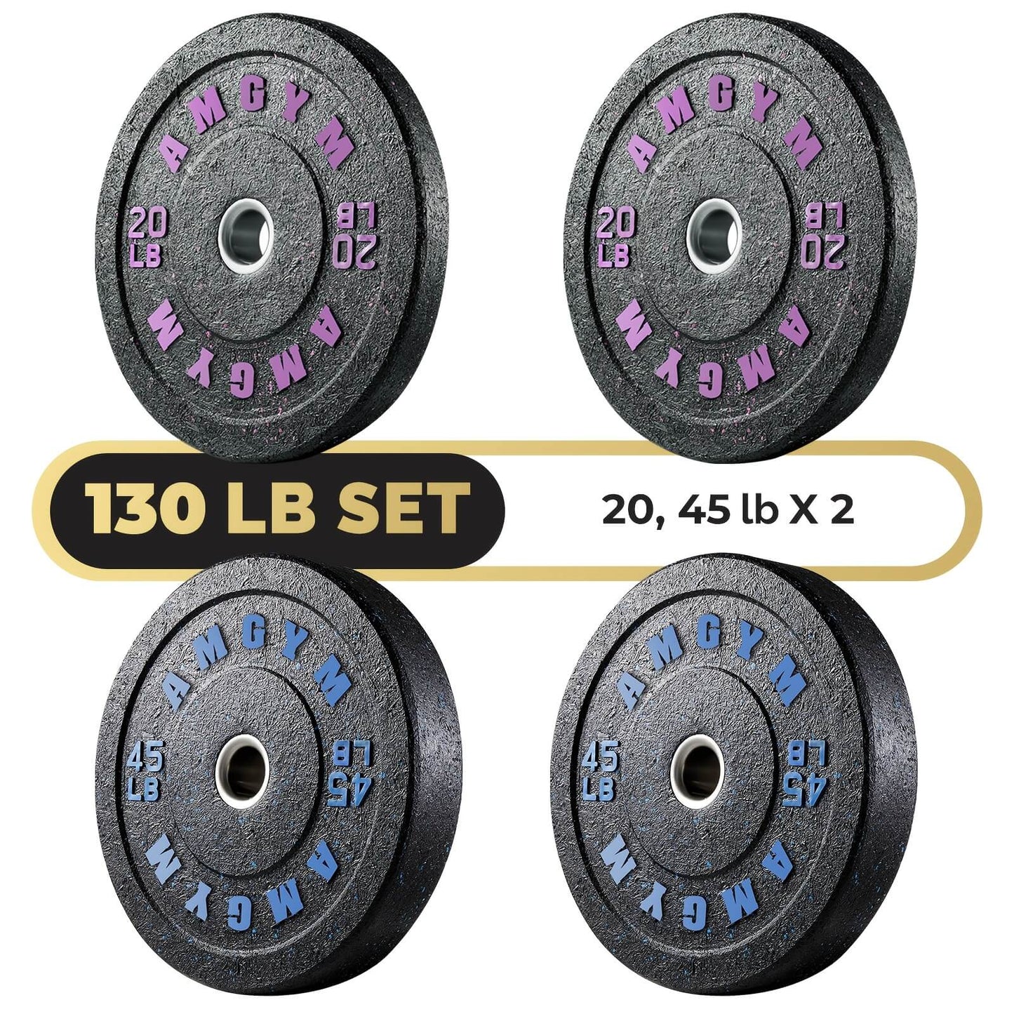 Four bumper plates with 'AMGYM' branding and weight labels on a white background.