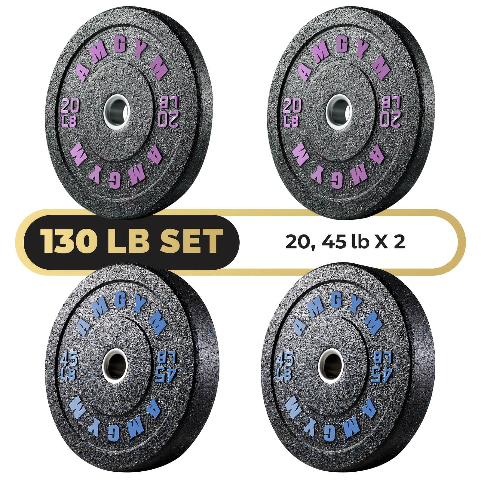 Four bumper plates with 'AMGYM' branding and weight labels on a white background.