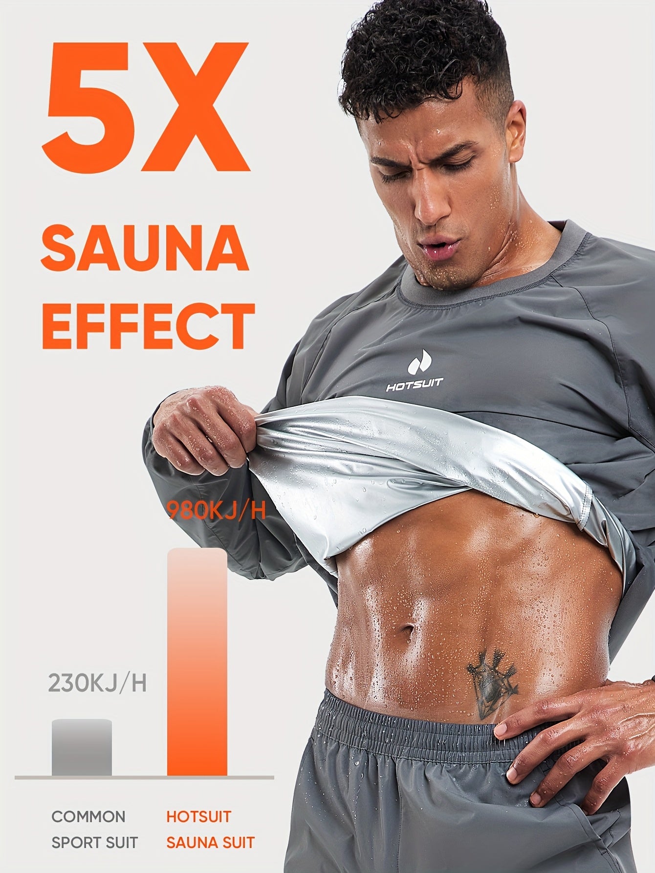 Man wearing a gray sauna suit top with text highlighting '5X Sauna Effect' and energy output.
